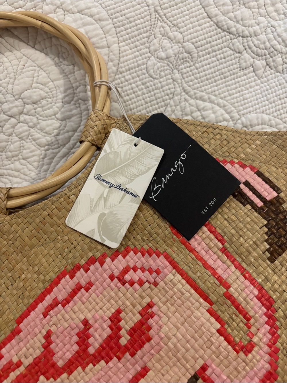 NWT Tommy Bahama X Banago Hand woven Flamingo Woven Tote - Picture 4 of 14